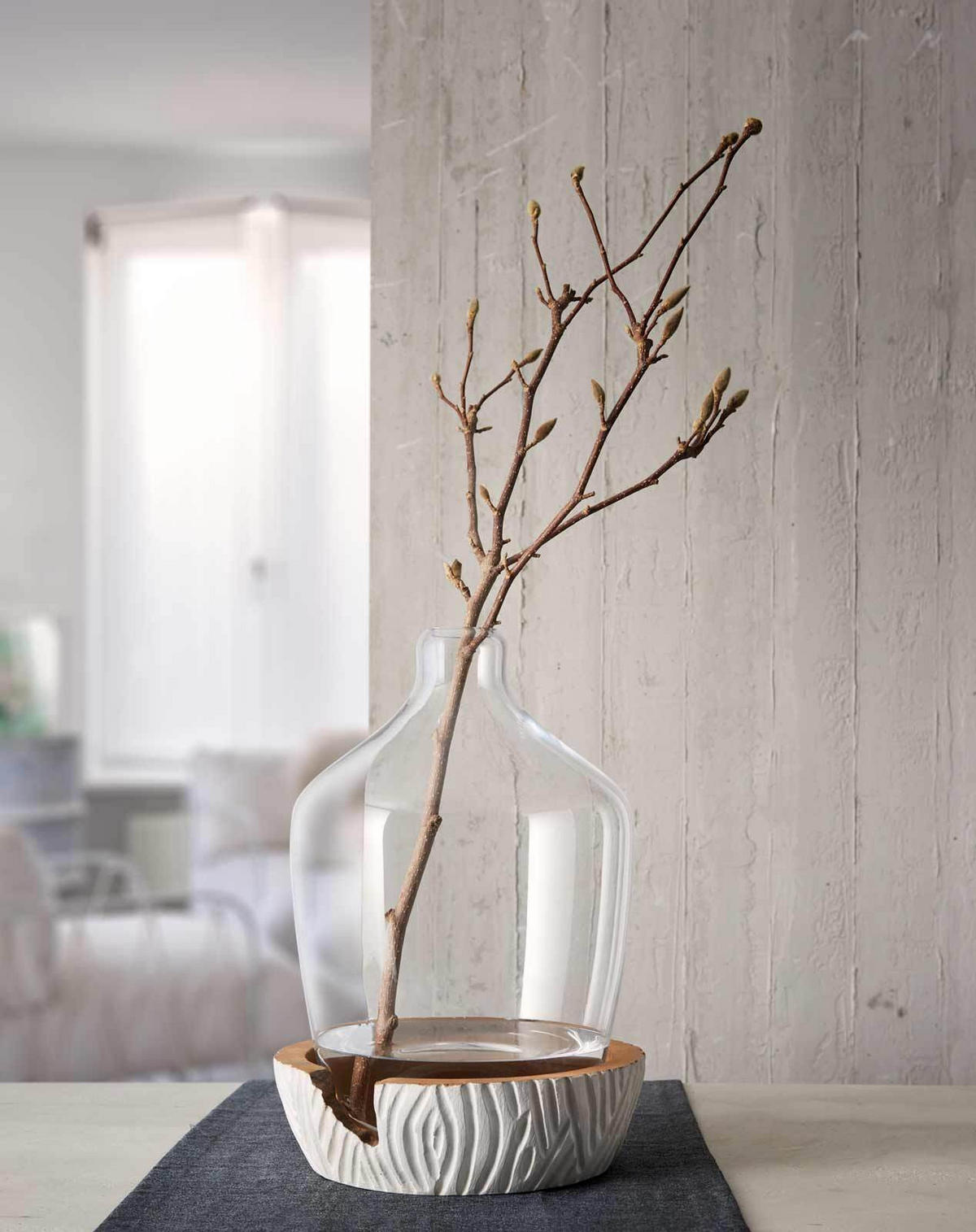 VASE MIT HOLZ-SOCKEL Casolare weiß ↕ 43 cm - Weiß, Glas (43cm) - Leonardo Living