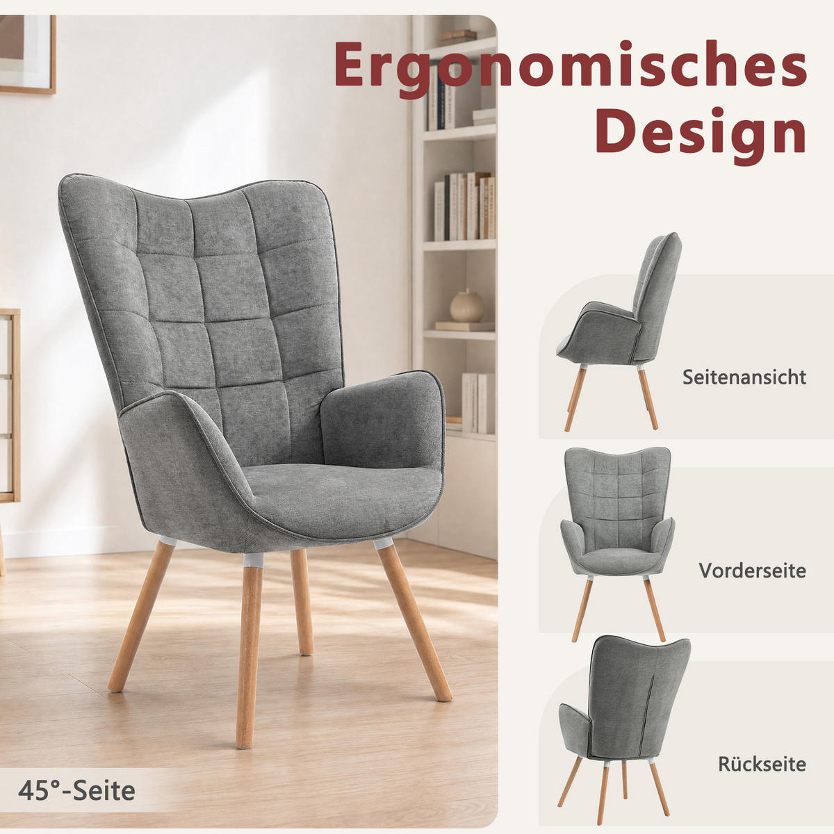 RELAXSESSEL aus Stoff im skandinavischen Stil, gepolsterte Sitzfläche mit Armlehnen, massive Buchenholzbeine in Grau - Grau, Holz/Textil (64/106/50cm) - Meubles Cosy