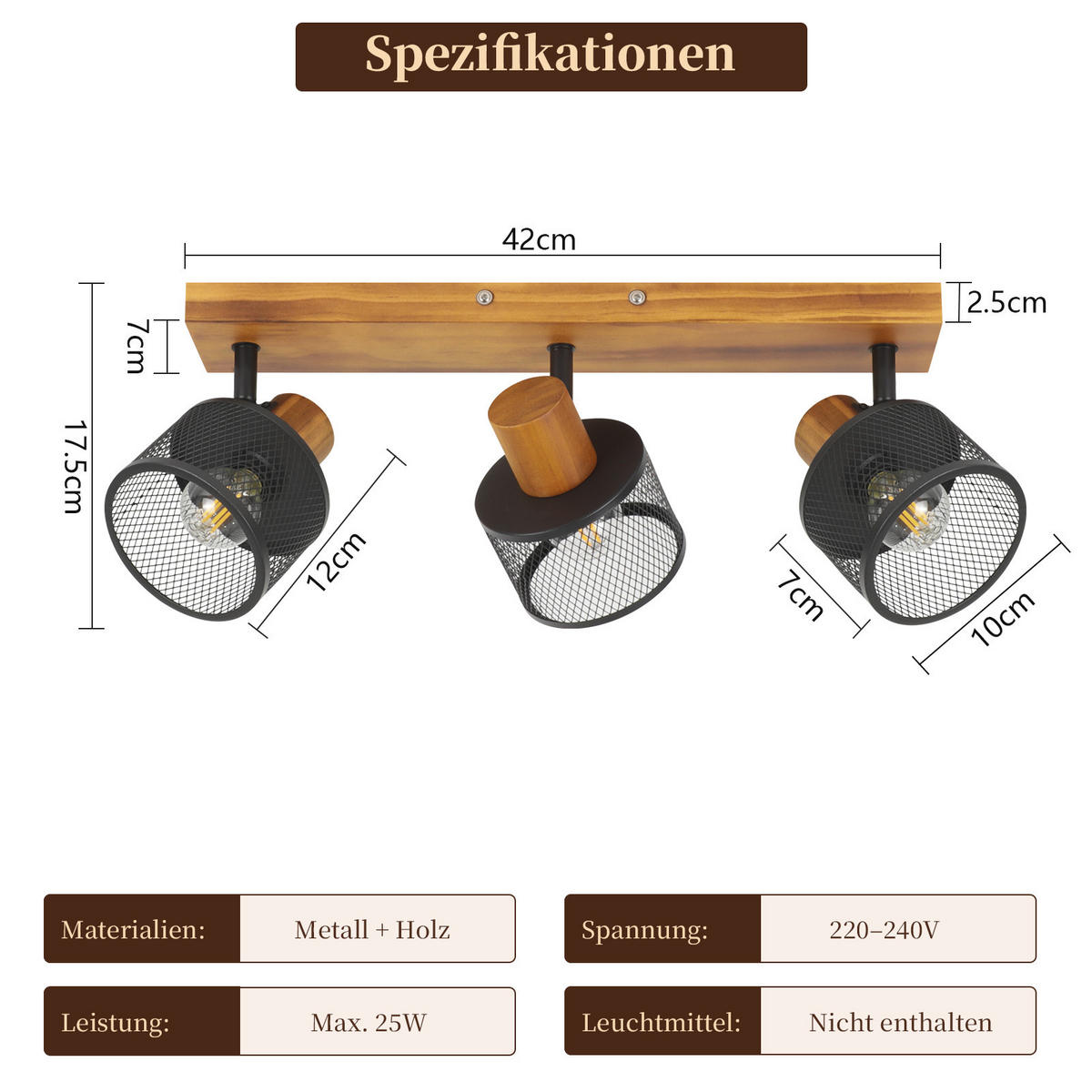 DECKENSTRAHLER Ivorlyn 42/10/17.5 cm - Schwarz, Holz/Metall (42/10/17.5cm) - ZMH