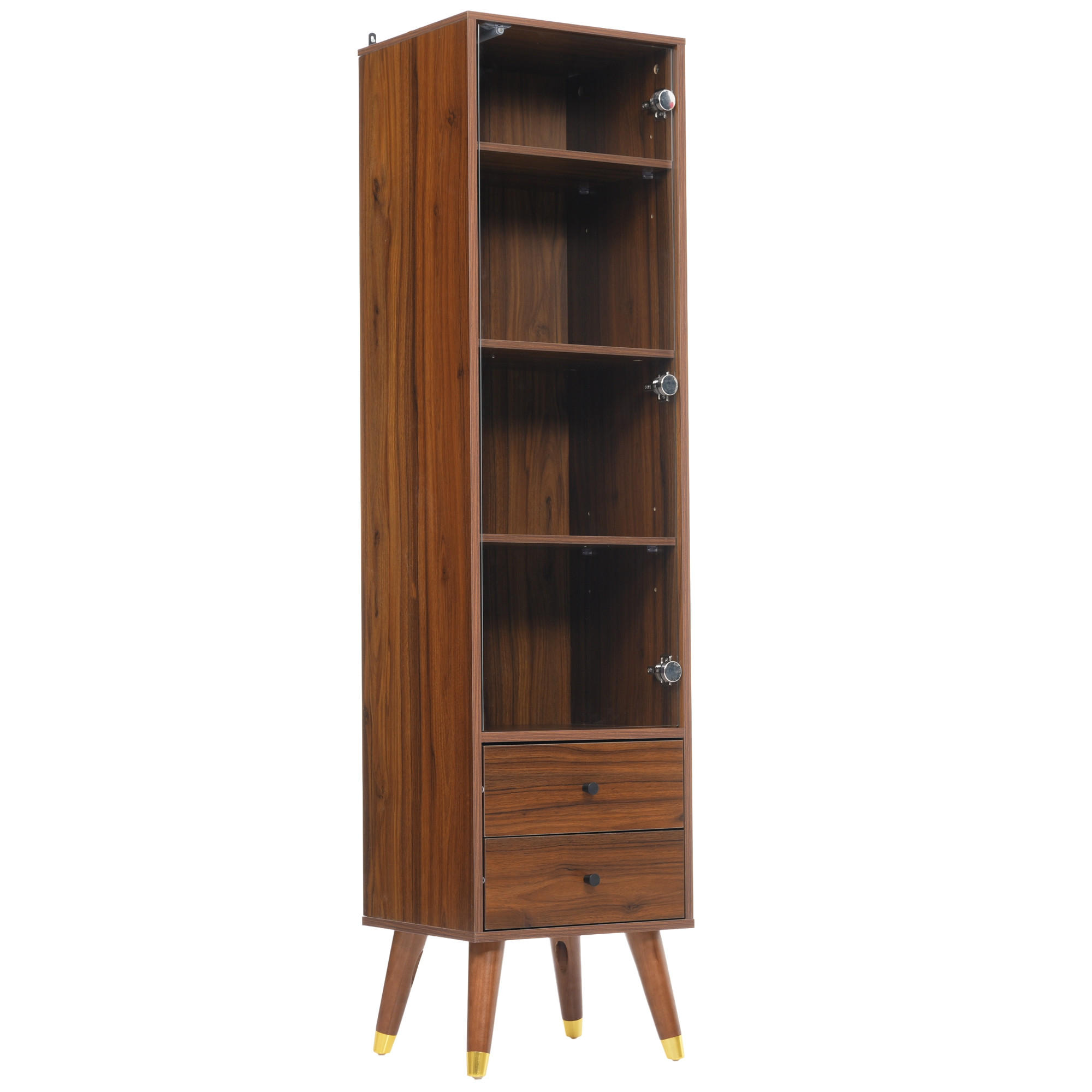 VITRINE in Walnussfarben mit Glastür und 2 Schubladen für Wohnzimmer, B39,8/T35/H160 cm - Transparent/Walnussfarben, Glas/Holzwerkstoff (39.8/160/35cm) - STILVORA