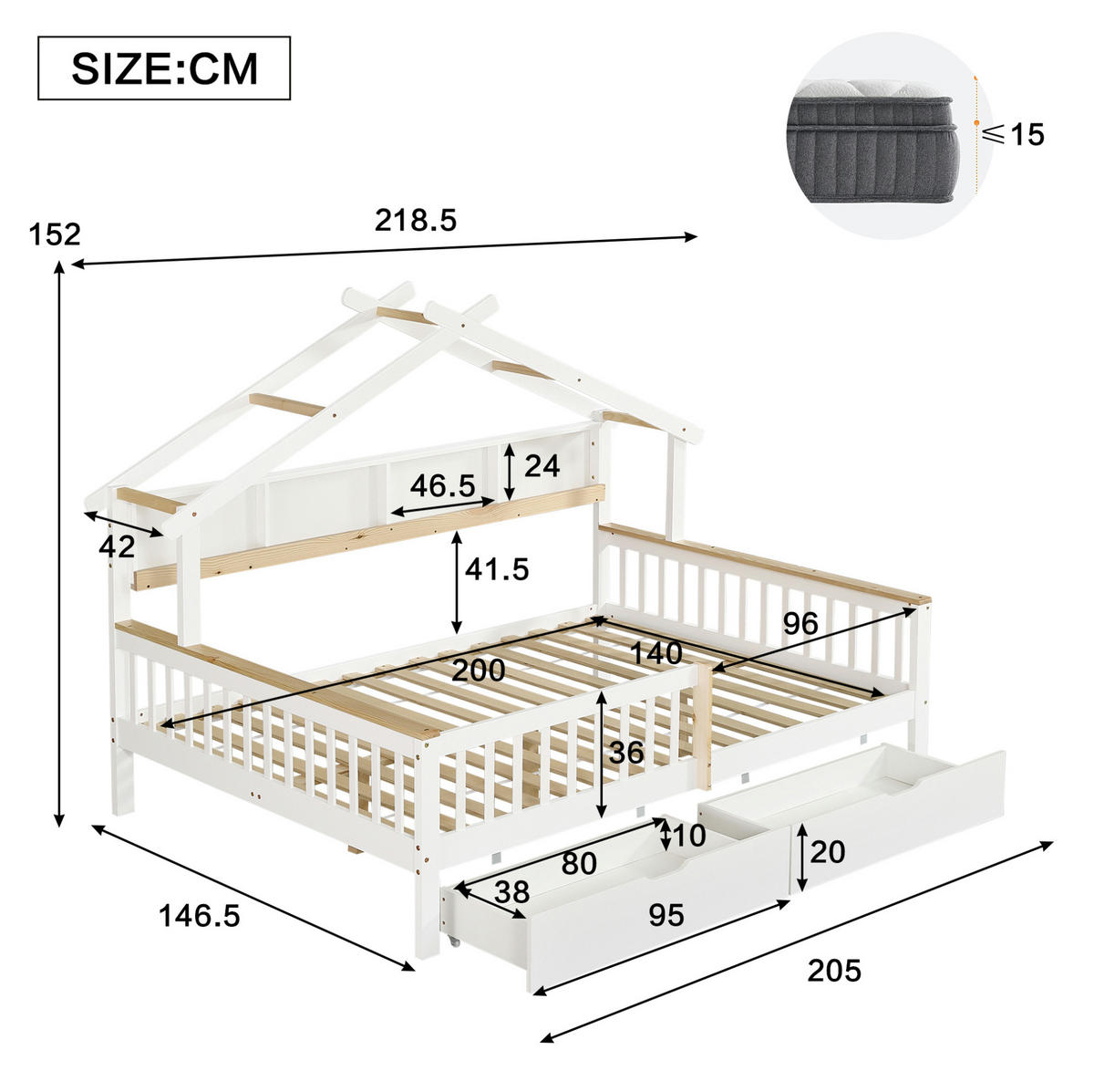 DOMČEKOVÁ posteľ 140/200 cm biela/prírodná s ochrannými zábranami a 2 zásuvkami z borovice a MDF - biela, drevo (140/200cm) - OKWISH