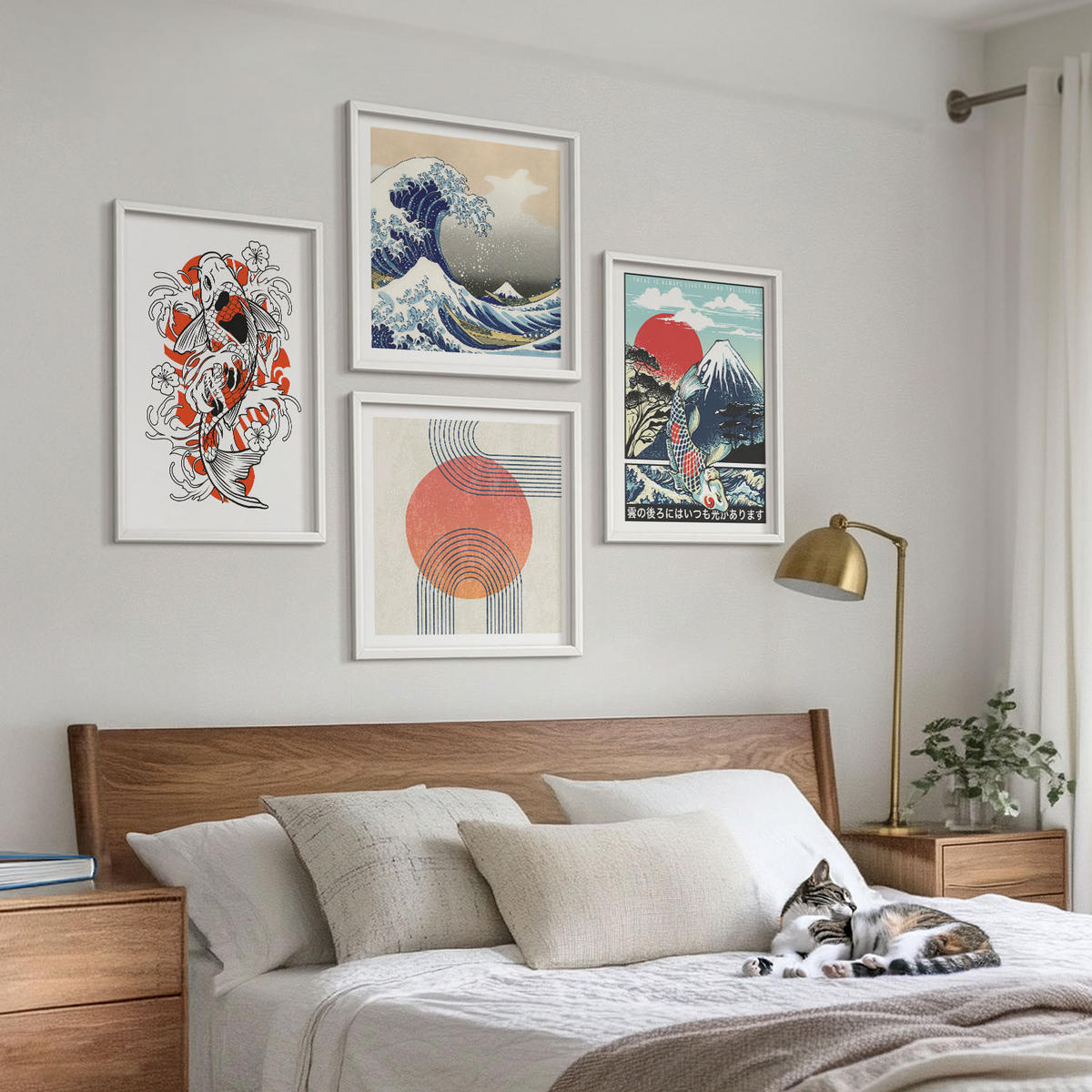 BILDER SET 4er Set - 50x50 cm & 40x60 cm Weißer Rahmen - Illustrationen von Fischbergen, die sich in Japan ausbreiten - Weiß, Kunststoff (50/50cm) - TULUP