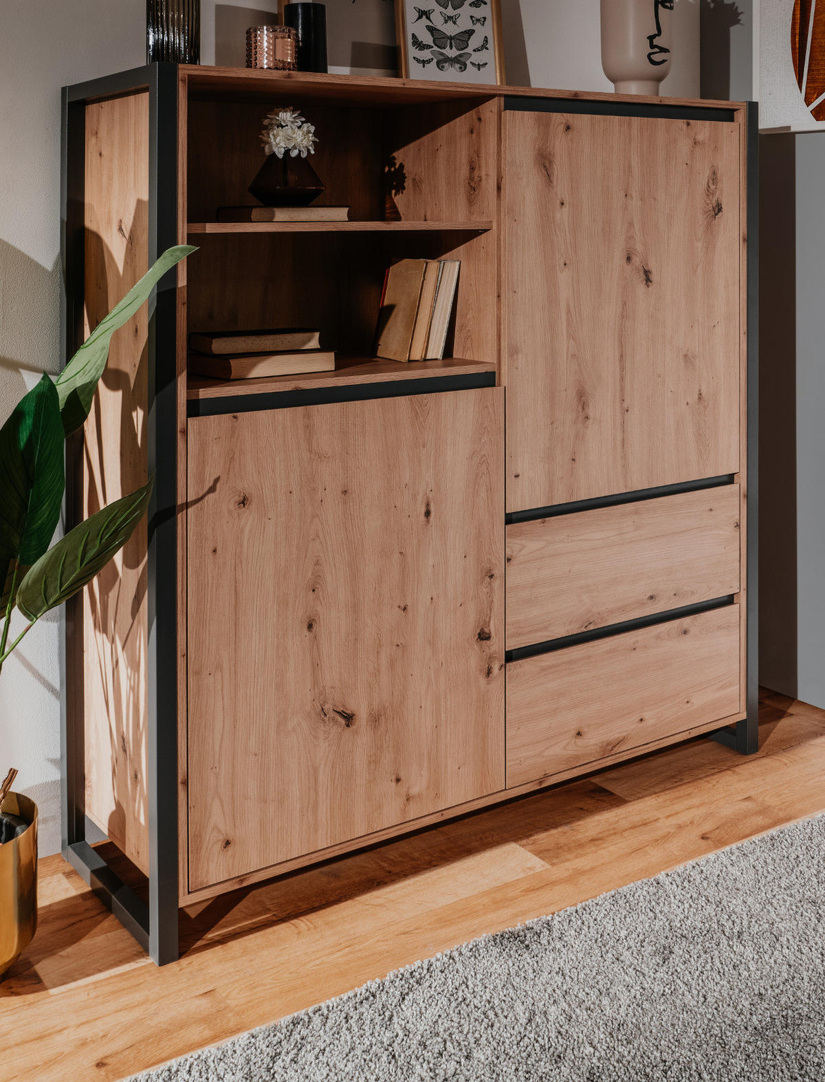 HIGHBOARD Artisan Eiche und Anthrazit 120 x 140 cm, Industrial Design - Anthrazit/Eiche Artisan, Holzwerkstoff (120/140/40cm) - Furn.Design
