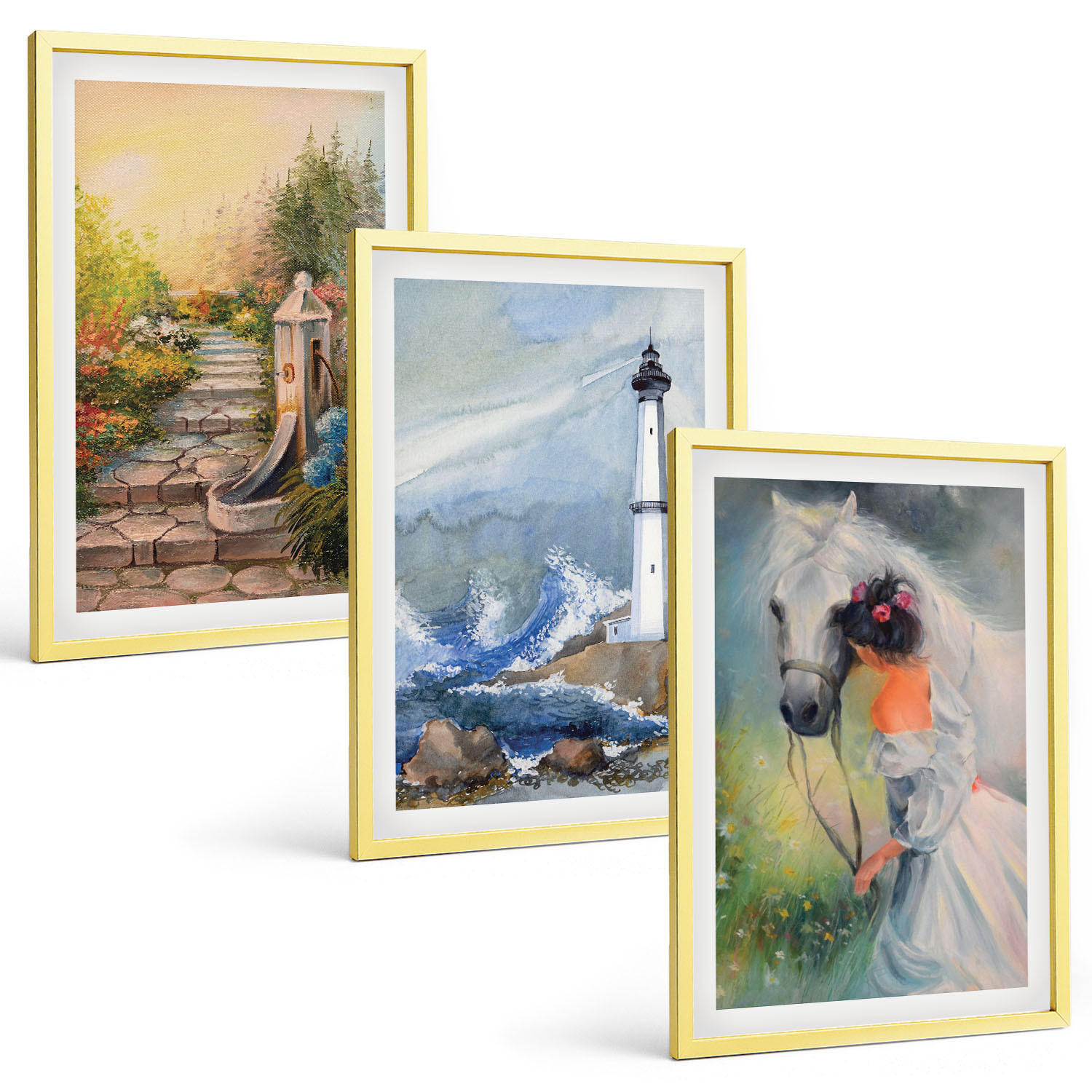 BILDER SET 3er Set - 40x60 cm Goldrahmen - Landschaft Leuchtturm Pferd Mädchen - Goldfarben, Kunststoff (40/60cm) - TULUP