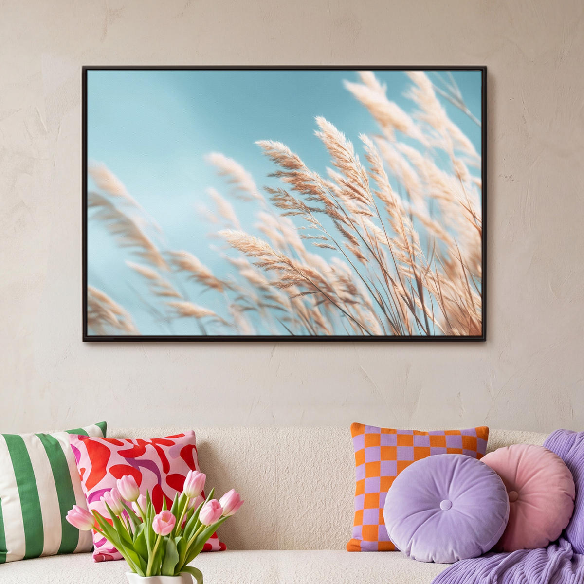 LEINWAND Bilder mit Rahmen - Ziergras - Wind - Hellbraun - 90x60 - Hellblau, Textil (90/60cm) - MuchoWow