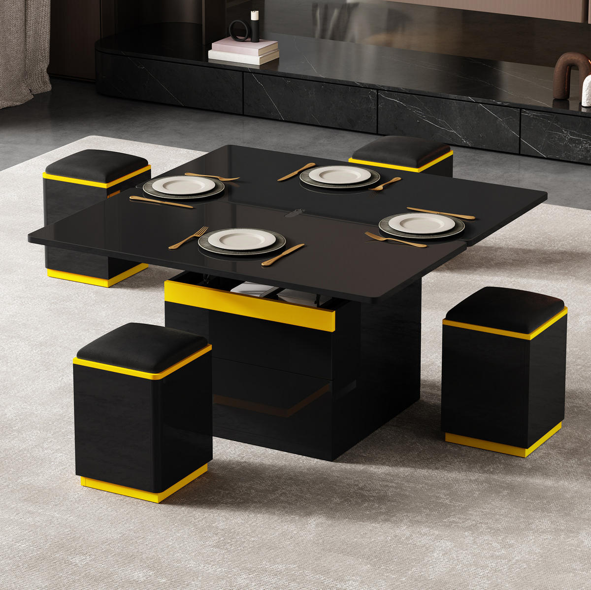 COUCHTISCH aus MDF und Spanplatte 100x50x43 cm Schwarz-Gelb mit Klappfunktion, Stauraum und 4 Hockern - Schwarz, Holzwerkstoff (100/50/43cm) - IVMEU