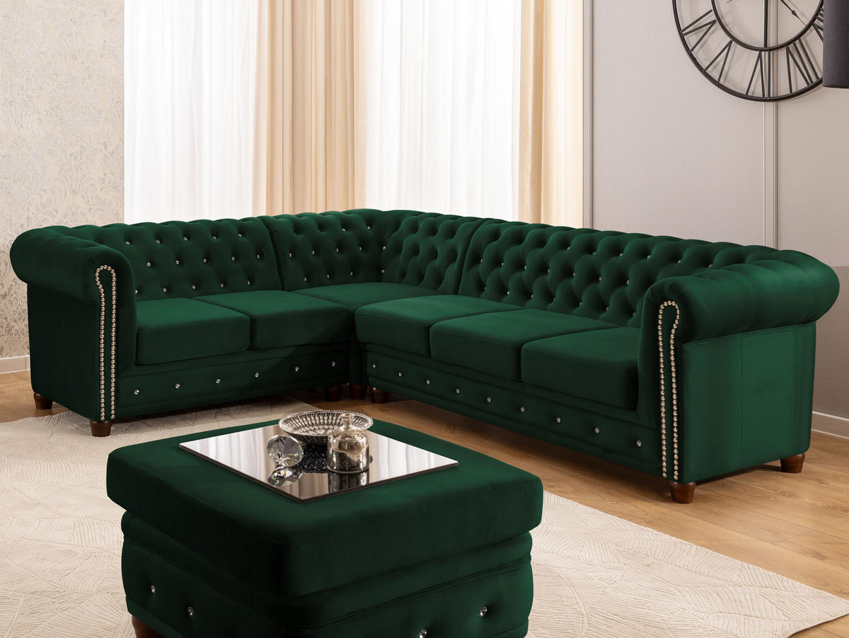 ECKSOFA mit Schlaffunktion Chesterfield Flasche Grün Samt mit Kristallsteppung und braunen Massivholzfüßen - Ottomane Links - Braun/Grün, Holz/Textil (264/210cm) - S-Style Möbel