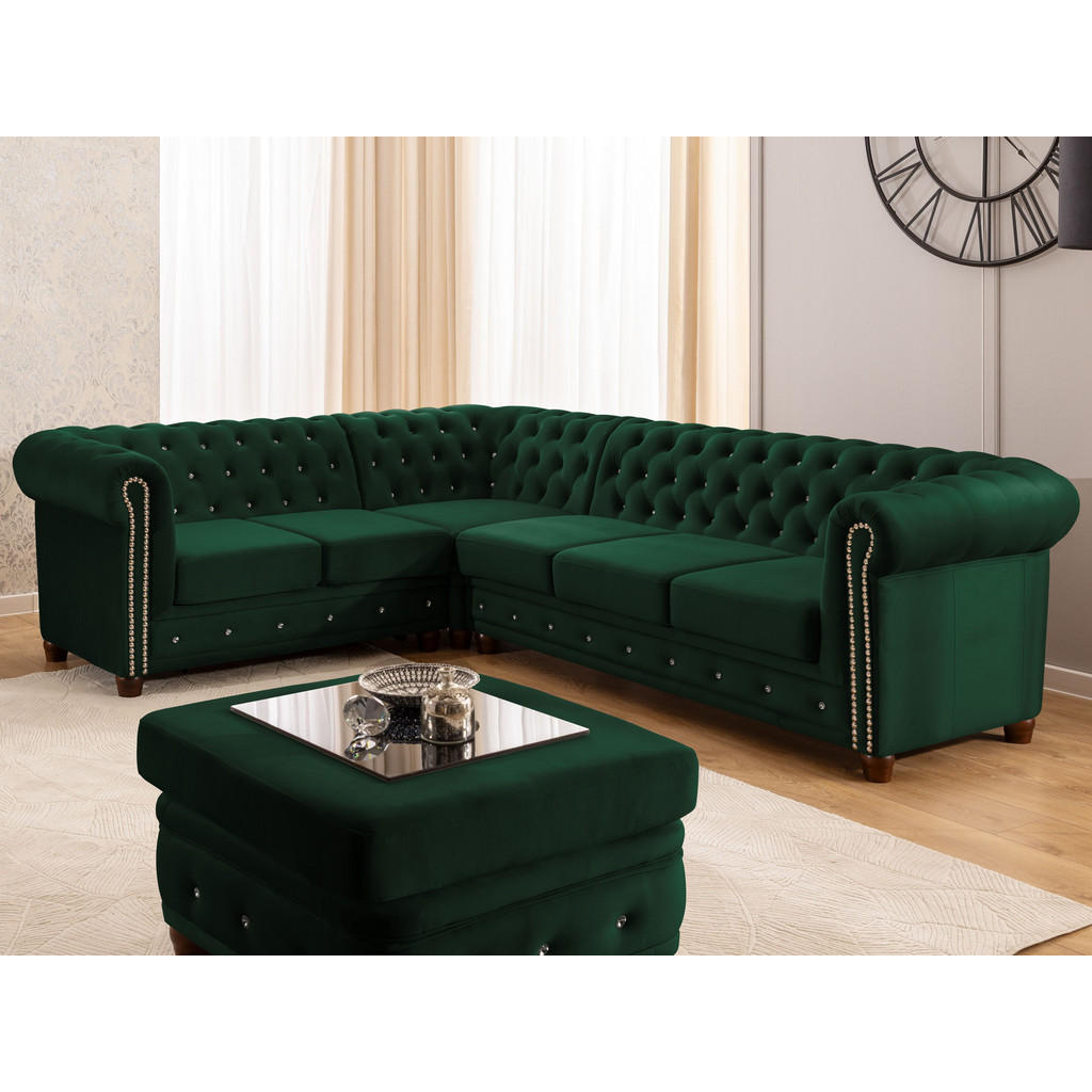 Thumbnail - S-Style Möbel Ecksofa, Grün, Textil, Echtholz, Teilmassiv,Birke, Buche, 6-Sitzer, L-Form, Ottomane links, 264x210 cm, Bl...