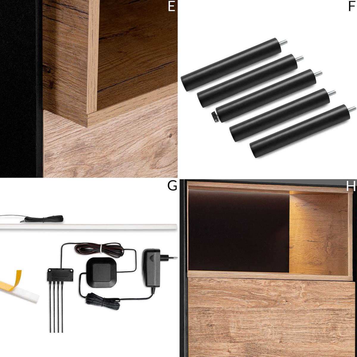REGAL LOFTY mit Massivholzbeine, schwarz - Eichefarben/Multicolor, Holzwerkstoff (52/135/41cm) - KONSIMO®
