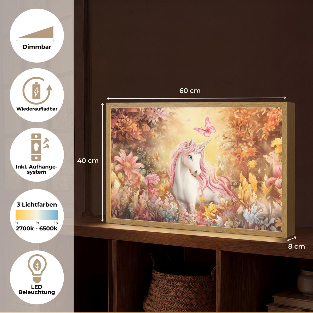 DOBÍJECÍ NOČNÍ LAMPIČKA Jednorožec - Květiny - Motýl - Růžová 60x40 cm - béžová, kompozitní dřevo (8/60/40cm) - OnlyWow