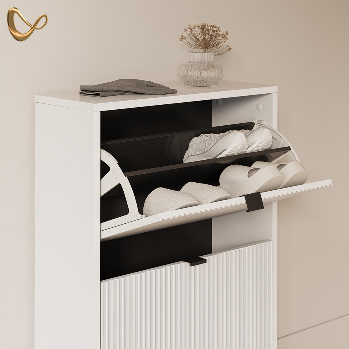 SCHUHKIPPER Aterno Weiß 60 x 92 cm mit 2 Klappschubladen - Weiß, Holzwerkstoff (60/92/24cm) - Livinity®