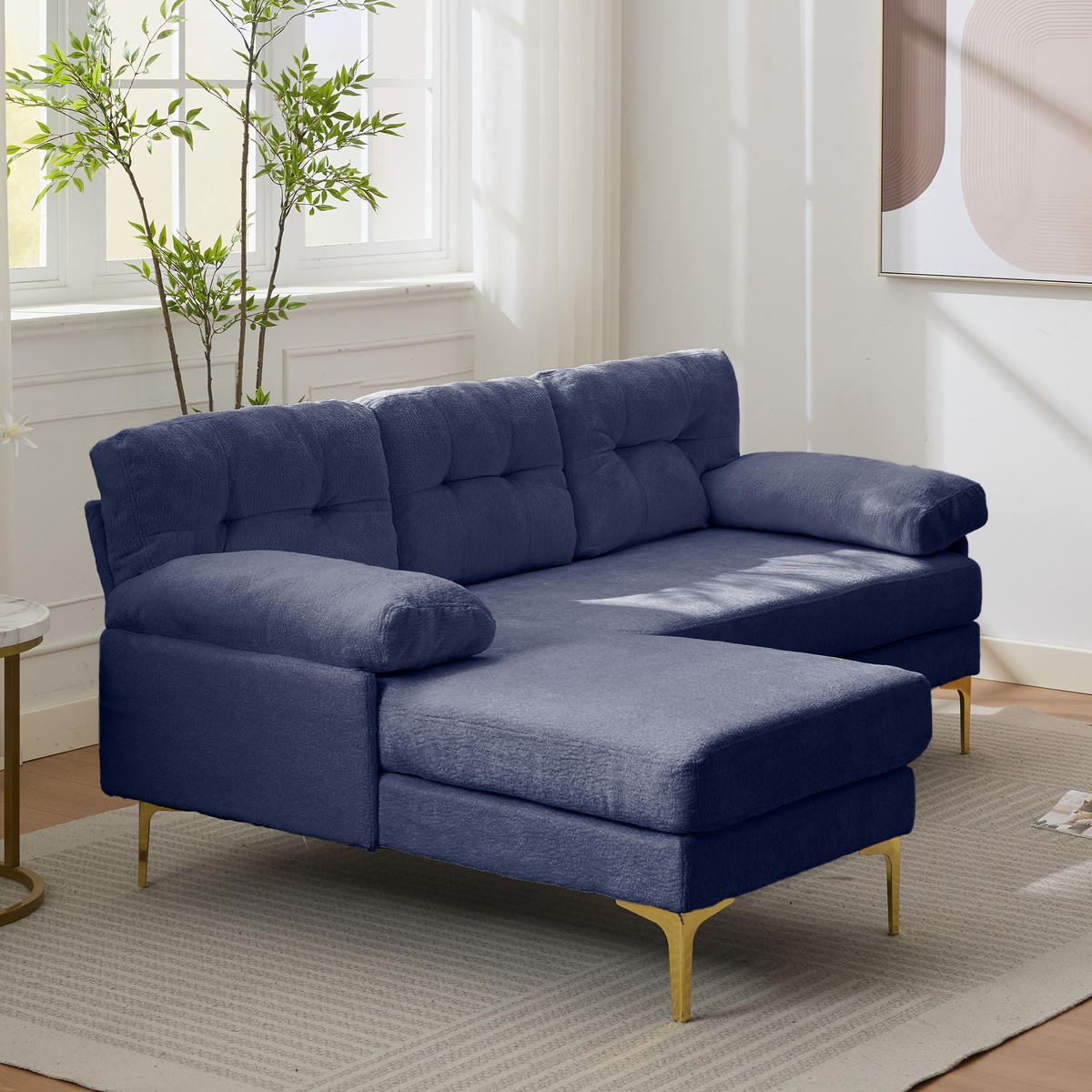 ECKSOFA 187.5/130/79 cm Blau mit 3 Sitzkissen und Stuhlbeine aus Metall - Blau, Textil (130/79/187.5cm) - Oxeza