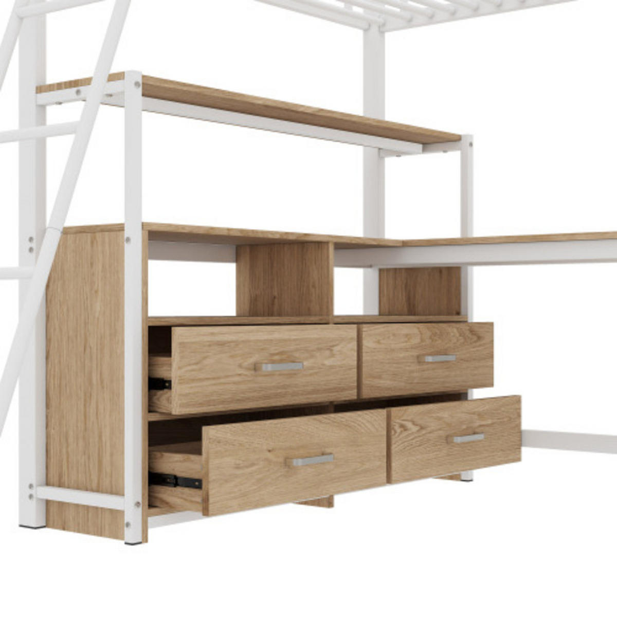 HOCHBETT 140 × 200 cm mit Metallrahmen, L-förmigem Schreibtisch und 4 Schubladen, weiß - Weiß, Metall - Luhomfu