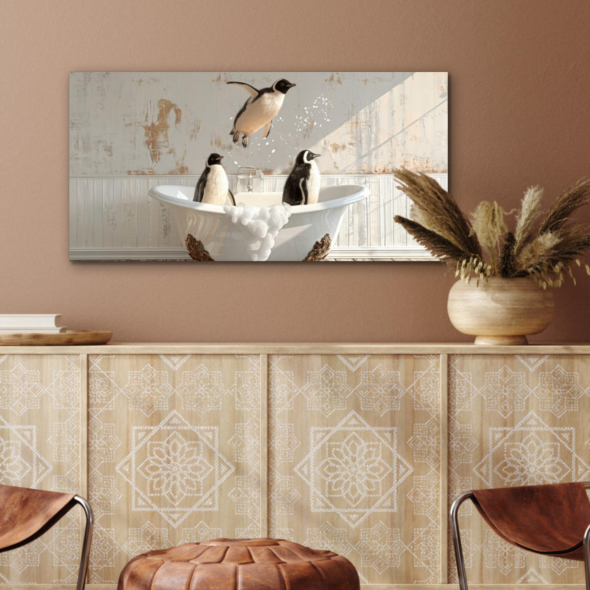 KOVOVÝ OBRAZ Vintage - Tučniak - Vaňa - Pena 80x40 cm - čierna, kov (80/40cm) - MuchoWow