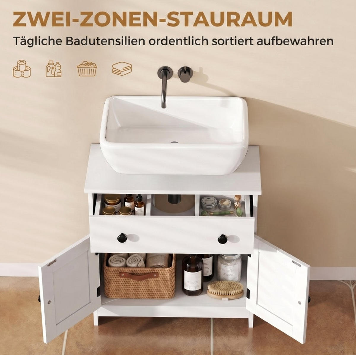 WASCHBECKENUNTERSCHRANK aus MDF 60x30x60 cm Weiß mit U-Ausschnitt, Soft-Close und praktischem Stauraum - Weiß, Holz (60/60/30cm) - Modfu