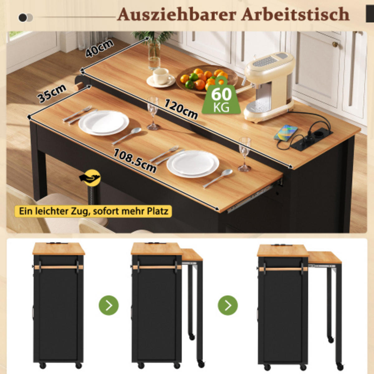 KÜCHENINSEL mit ausziehbarer Arbeitsplatte & Ladestation schwarz 120×40-75×92 cm aus MDF - Schwarz, Holzwerkstoff (120/92/75cm) - Luhomfu