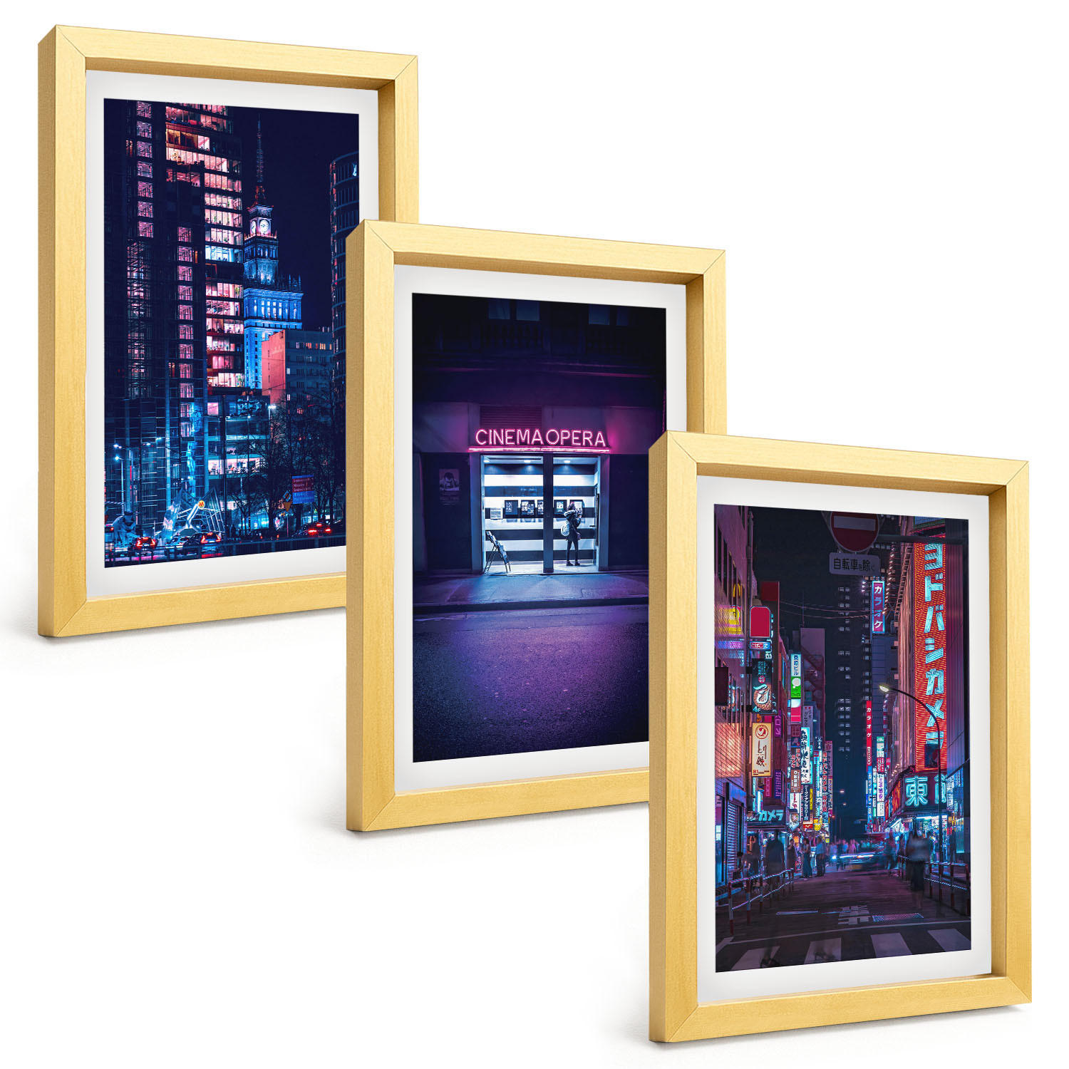 BILDER SET 3er Set - 20x30 cm Goldrahmen - Neon-Eingang zur nächtlichen Stadt - Goldfarben, Kunststoff (20/30cm) - TULUP