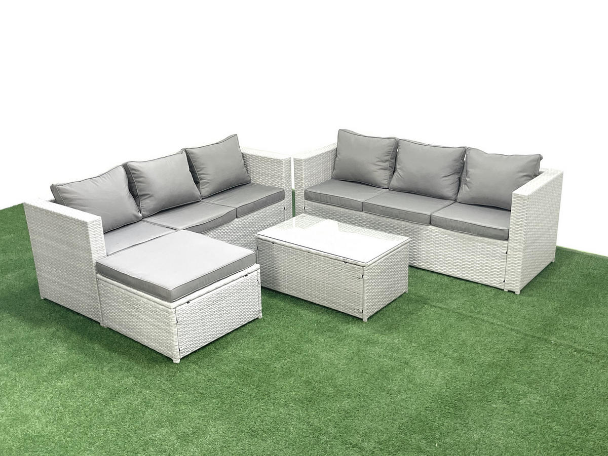 GARTENGARNITUR mit 3-SITZER SOFA,COUCHTISCH Polyrattan Hellgrau-Mix 7-Sitzer - Hellgrau/Grau, Glas/Kunststoff - Fimous