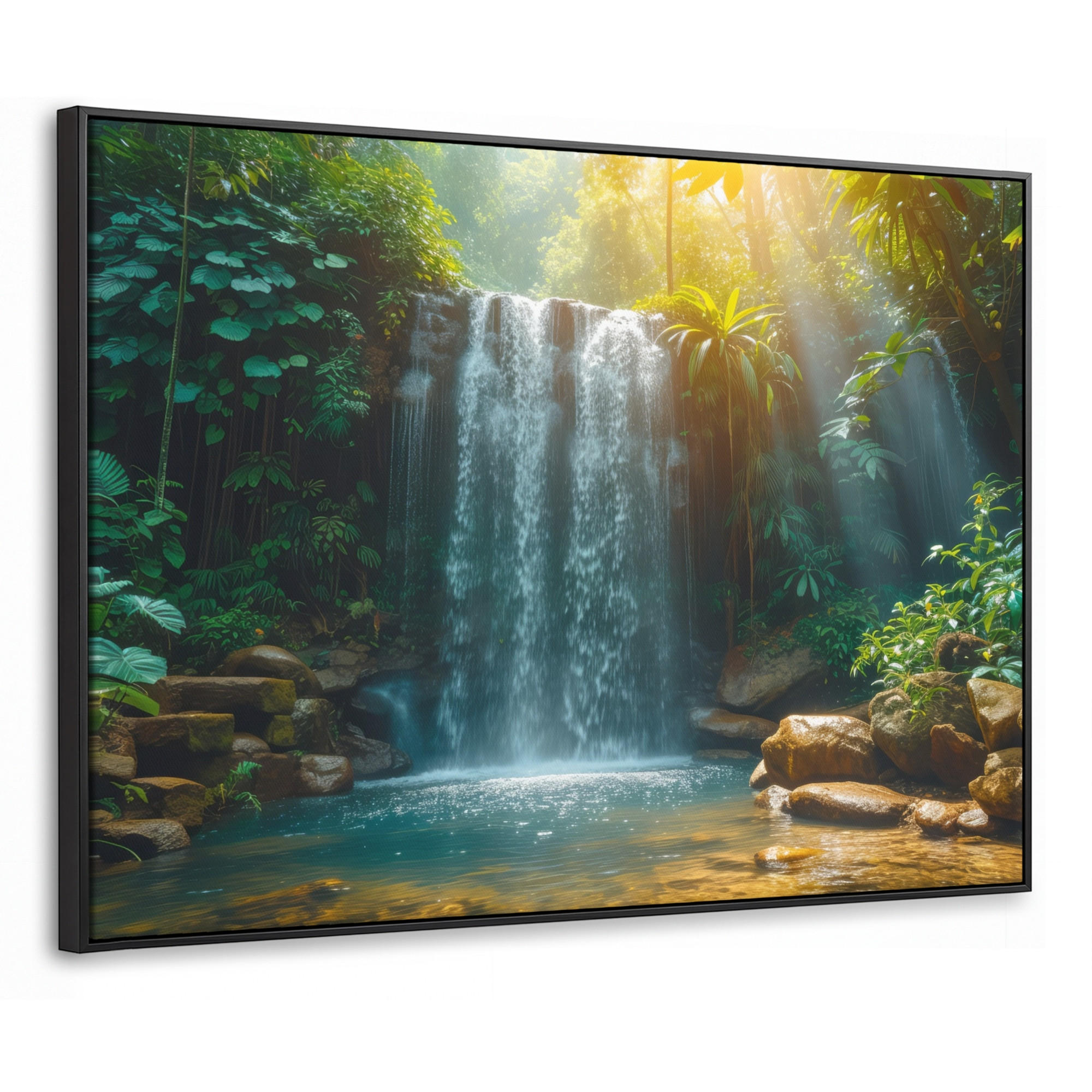 LEINWAND Bilder mit Rahmen - Wasserfall - Dschungel - Sonne - Grün - Natur - 80x60 - Grün, Textil (80/60cm) - MuchoWow