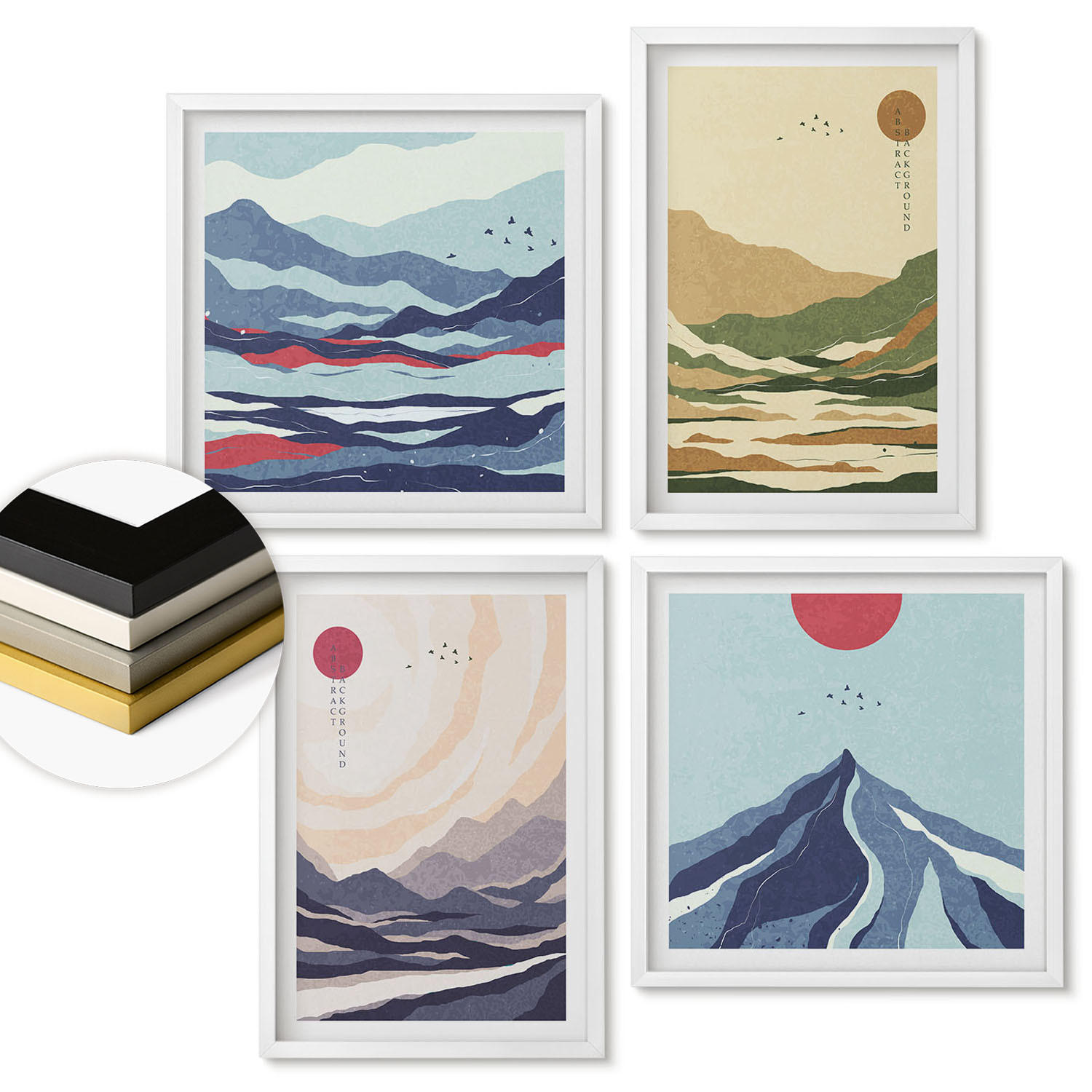 WANDBILDER 4er-Set - 50x50 cm & 40x60 cm Weißer Rahmen - Pastellfarbene Berge im Japandi-Stil - Weiß, Kunststoff (50/50cm) - ArtPrintCave