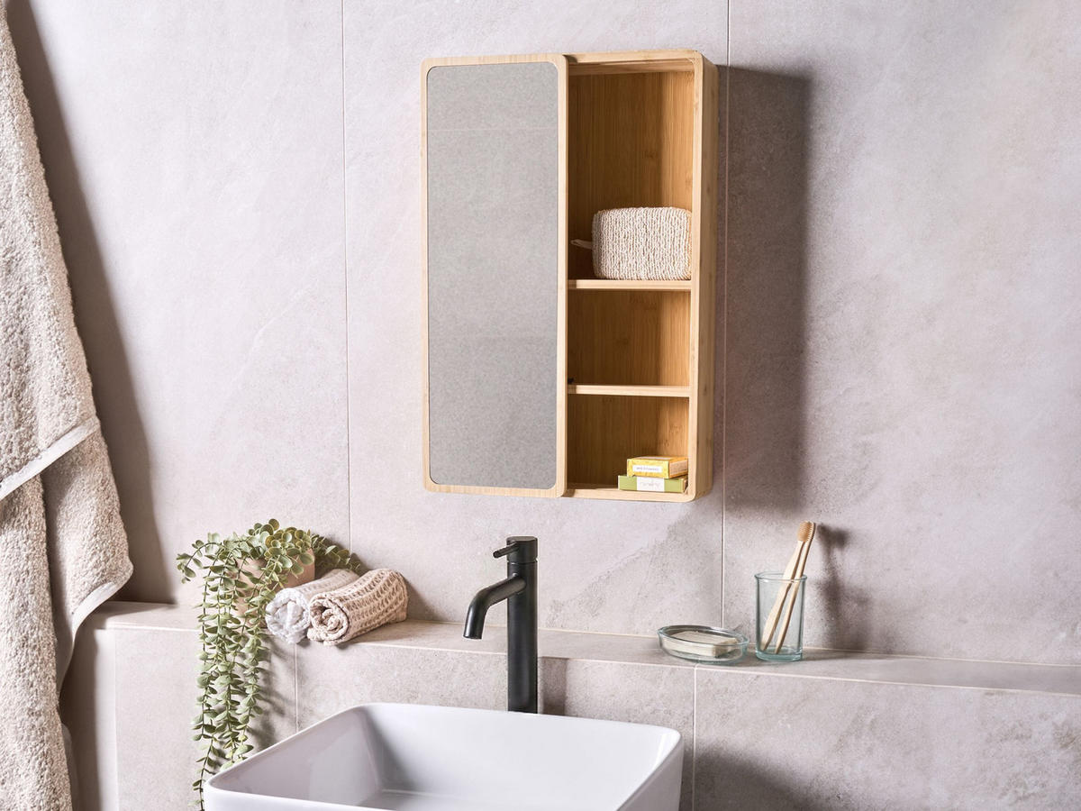 KOUPELNOVÁ ZRCADLOVÁ SKŘÍŇKA 41/61 cm Světle hnědá Guatavita - hnědá/světle hnědá, dřevo (41/61/9cm) - Beliani