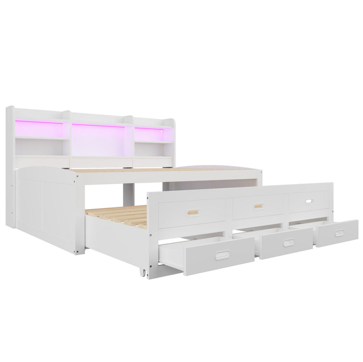 TAGESBETT 140/200 cm aus werkstoff mit LED-Beleuchtung, USB-/Type-C-Anschluss, Ausziehbett und 3 Schubladen, Weiß - Weiß, Holzwerkstoff (140/200cm) - Redom