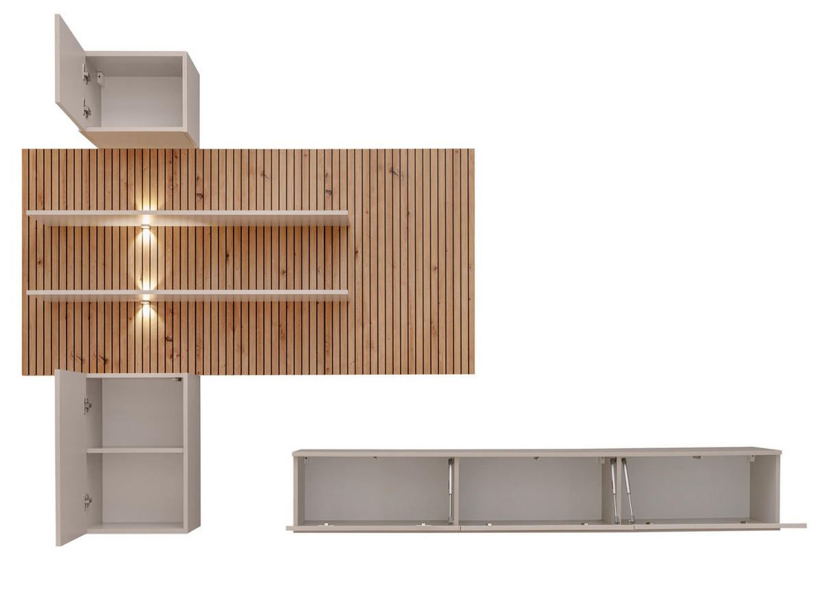 WOHNWAND Sand matt, Eiche Artisan 280 cm, Schrankwand hängend inklusive LED Beleuchtung - Sandfarben/Eiche Artisan, Holzwerkstoff (280/180/45cm) - Furn.Design
