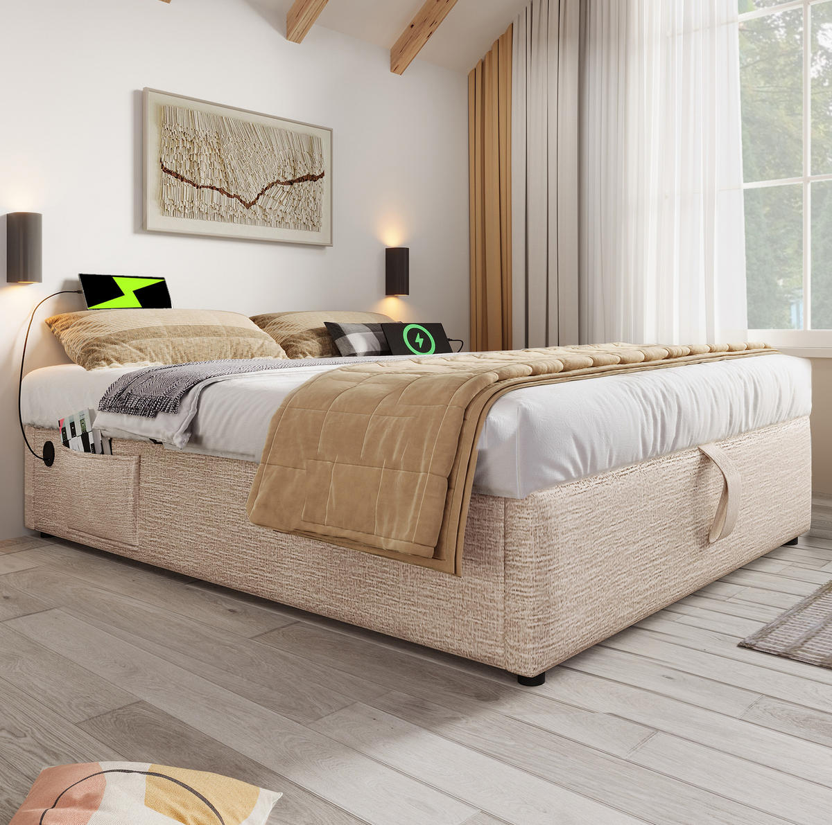BETT mit Stauraum und USB/Type-C 160x200 cm Leinen Beige Natur - Beige, Metall (160/200cm) - Meubliv