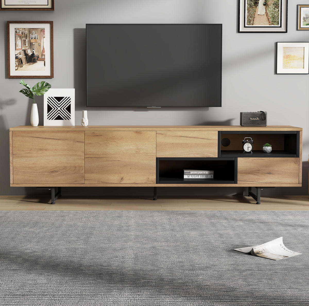 TV ormarić 173/38/48 cm u boji drveta od iverice s vratima ladicama i otvorenim policama - prirodne boje, drvni materijal (173/48/38cm) - OKWISH