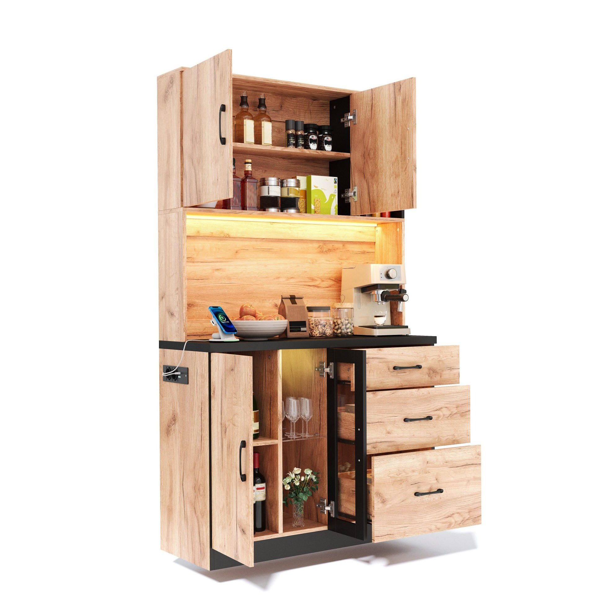 BUFFETSCHRANK 105/40/180 cm mit LED-Beleuchtung, verstellbaren Einlegeböden und Steckdosen, Neutral - Naturfarben, Holzwerkstoff (105/180/40cm) - Redom
