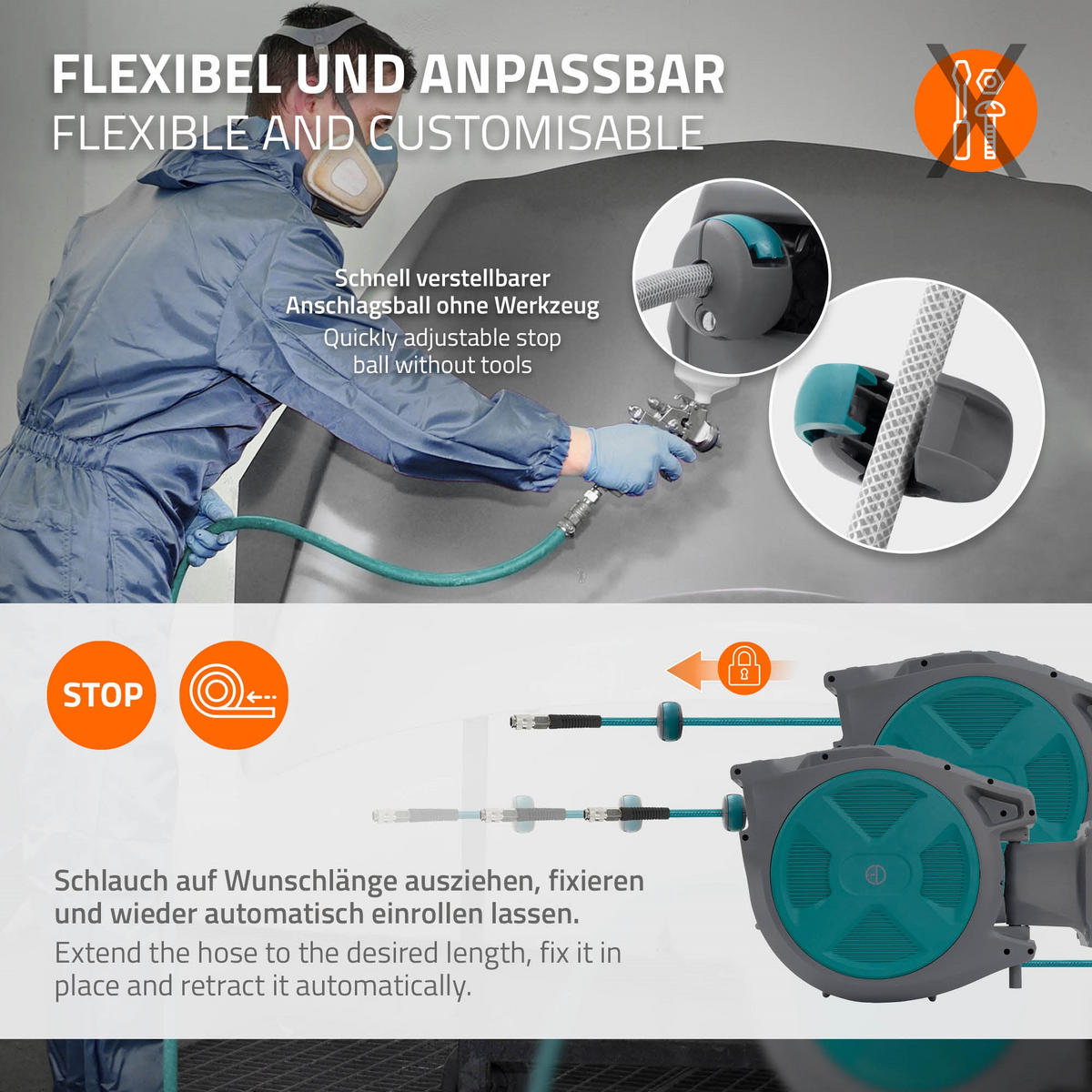 DRUCKLUFTSCHLAUCHTROMMEL 30m+2m - Grau, Kunststoff (20/40/55cm) - ECD-Germany