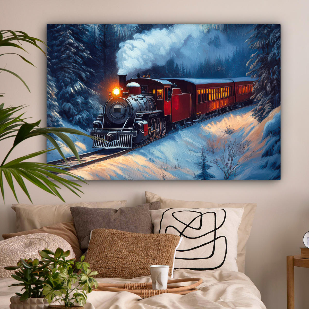 LEINWANDBILD Zug - Weihnachten - Schnee - Weihnachtszug Groß 140x90 cm - Anthrazit, Textil (140/90cm) - MuchoWow