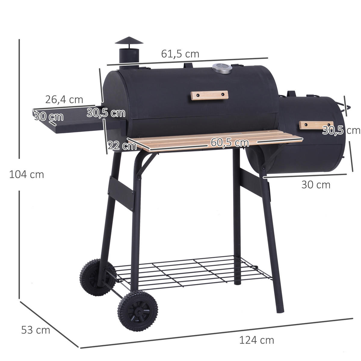 HOLZKOHLEGRILL DE-18258 Schwarz - Schwarz, Metall (53/108/124cm) - ComfortXL