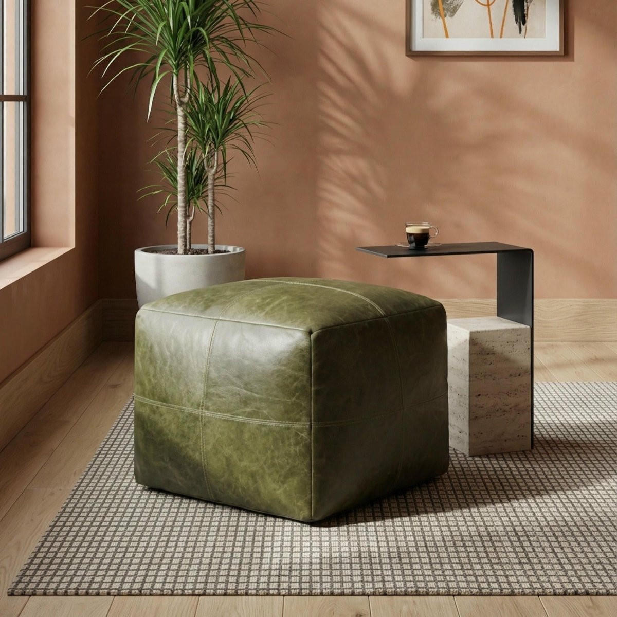 POUF 50/50/45 cm Echtleder Olivgrün - Grün, Leder (50/45/50cm) - Furnhouse