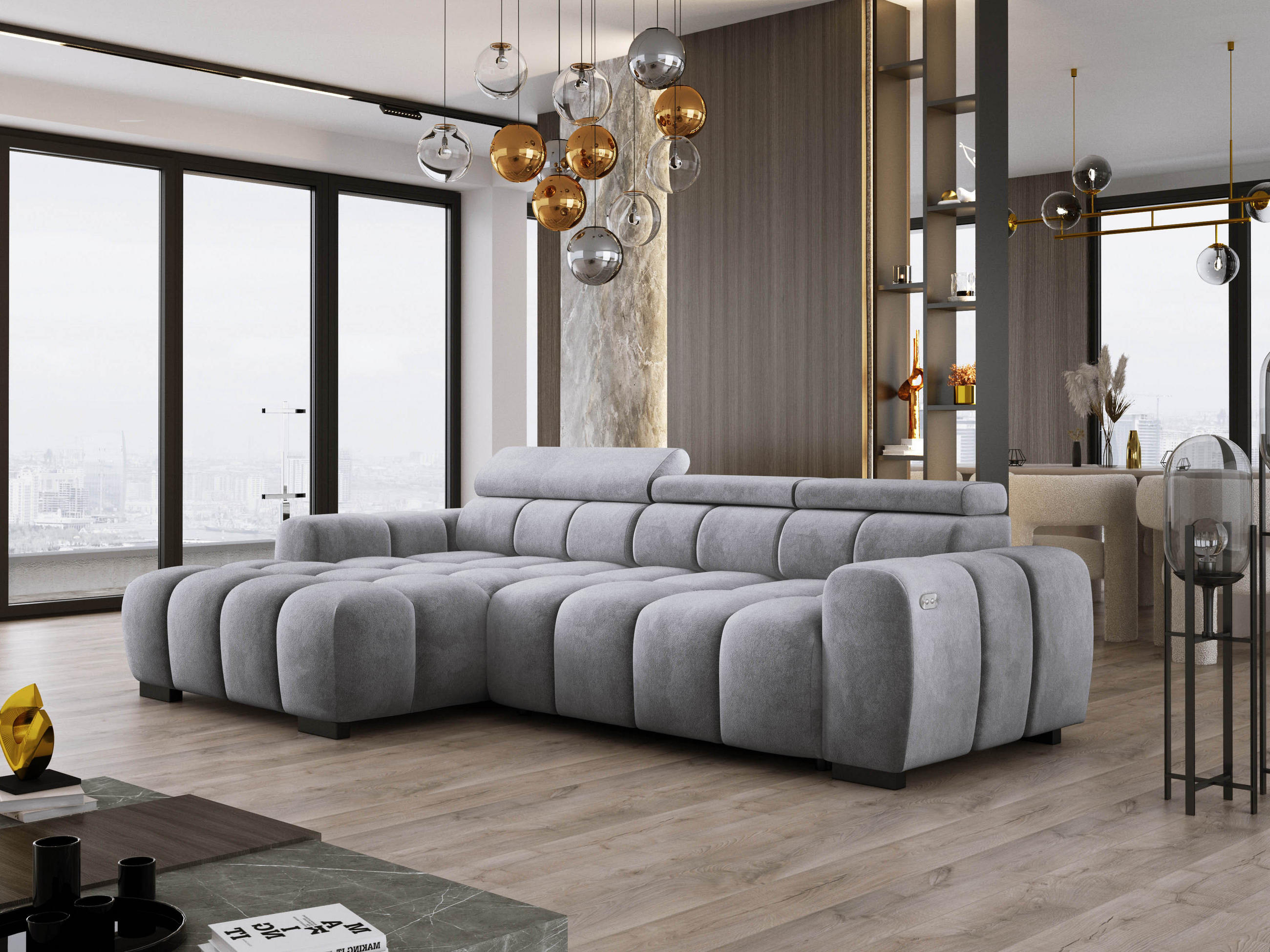 ECKSOFA OMBO 285x168x77/97 cm, Links, Schlaffunktion, elektr. Sitz, Kopfstützen, Buche dunkel, hydrophober SALVADOR-Stoff – Graphit - Silberfarben, Holz/Textil (168/285cm) - DomoHome