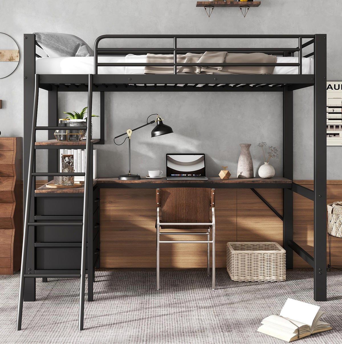 HOCHBETT 90/200 cm mit 2-m-Schreibtisch, 3 Schubladen und schräger Leiter, Schwarz/Dunkle Walnuss - Schwarz, Metall (90/200cm) - Redom