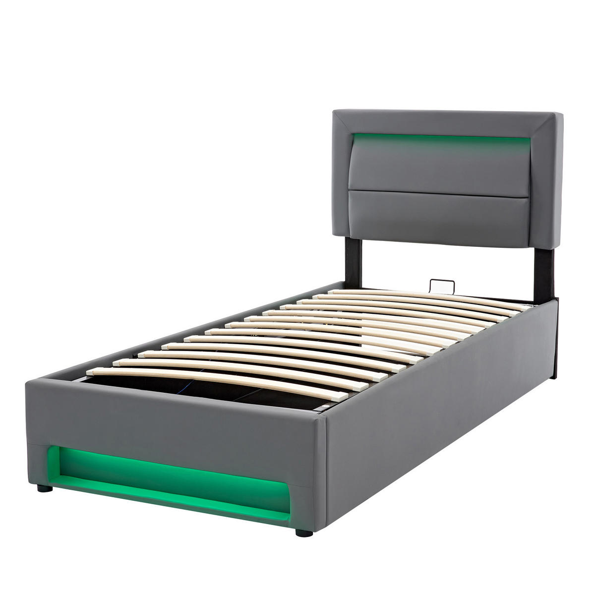 POLSTERBETT aus Kunstleder 90x190 cm in Grau mit LED-Beleuchtung & USB-Ladeanschluss - Grau, Leder (90/190cm) - Modfu