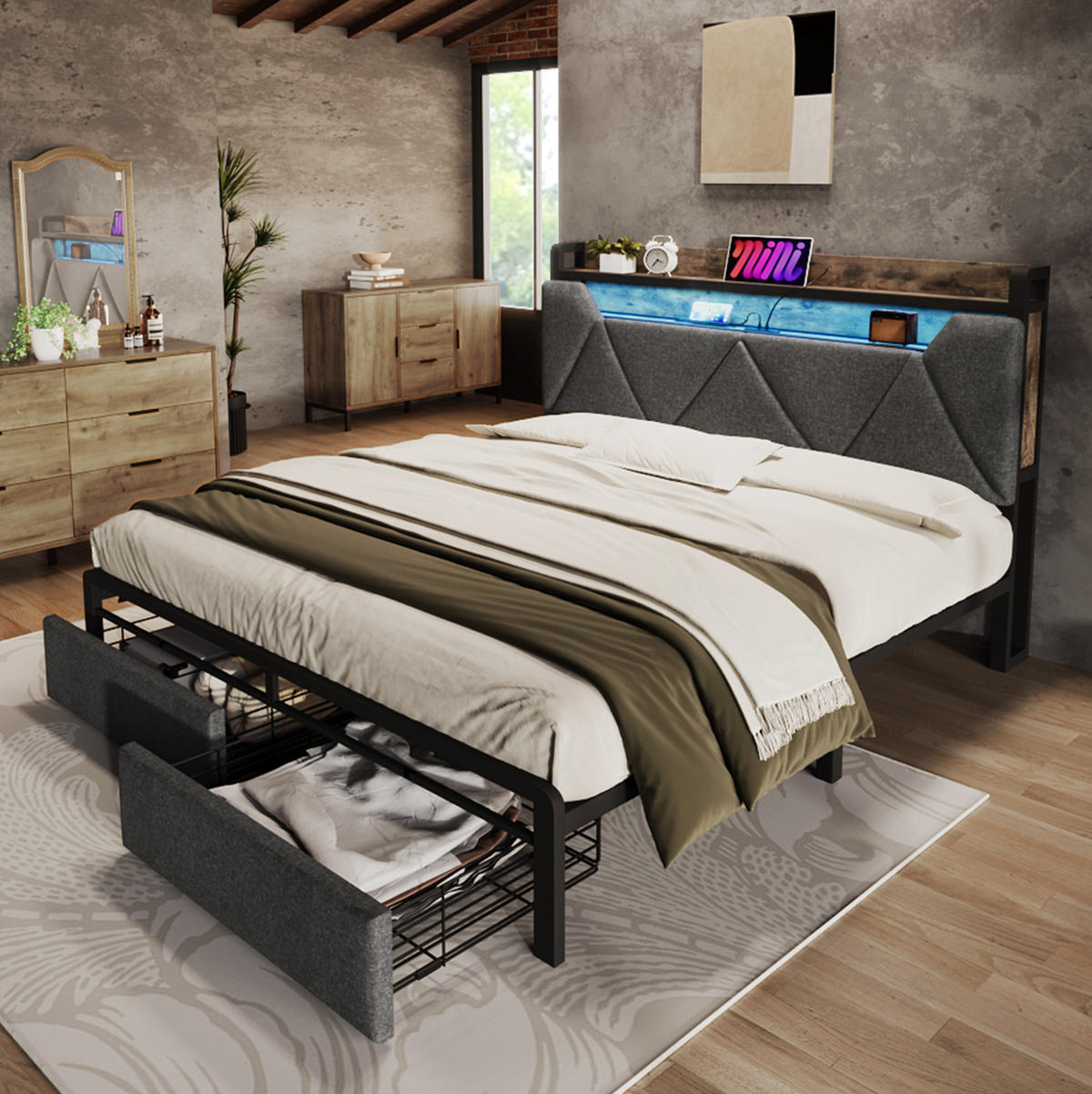 POLSTERBETT mit Stauraum, LED und USB 140x200 cm Leinen Grau mit Matratze - Grau, Metall (140/200cm) - Meubliv