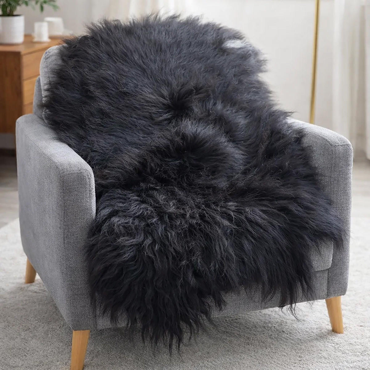 SCHAFFELL Langhaar skandinavisch weich chromfrei Natur Dunkel ca. 115 cm - Dunkelbraun, Fell (65/115cm) - Provellus