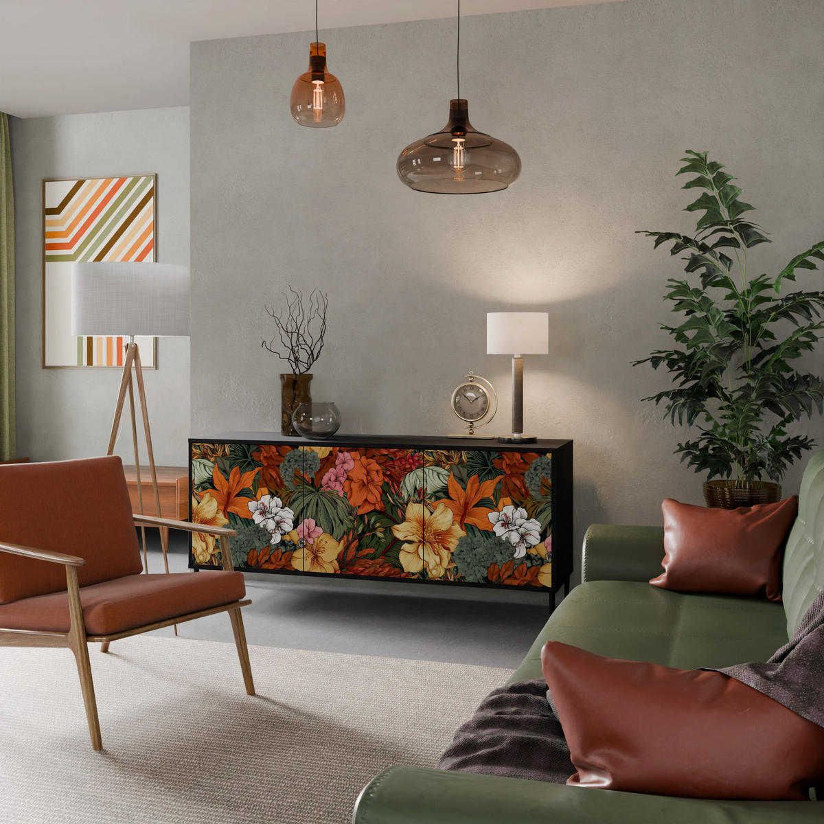 SIDEBOARD RADIANT FLORA, Eicheneffekt, 164,5x42x77,5 cm, 3 Türen - Eichefarben/Buchefarben, Holzwerkstoff/Buchenholz (164.5/77.5/42cm) - SpaceRebels