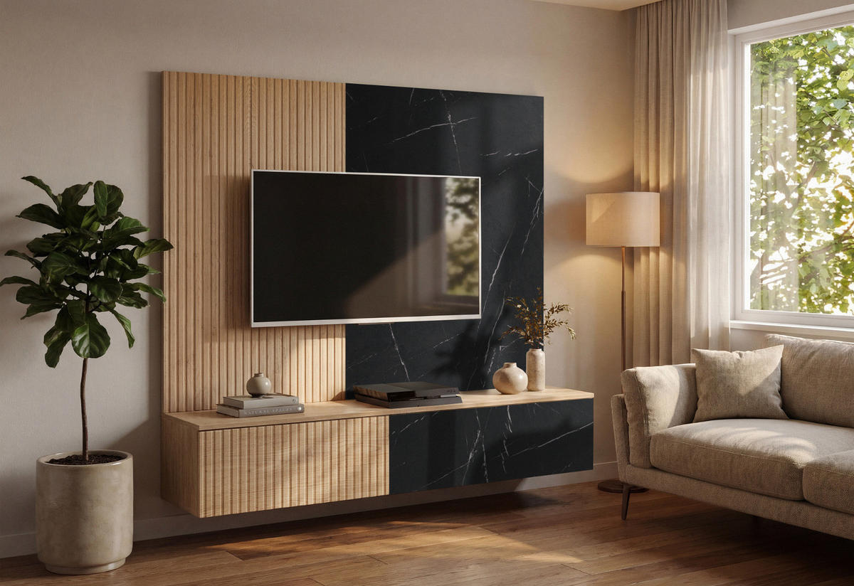 TV-LOWBOARD Cremona Eiche, Marmor schwarz 160 cm hängend, TV Unterschrank Set mit Wandpaneel - Eichefarben/Schwarz, Holzwerkstoff (160/148/35cm) - Inn.Furn