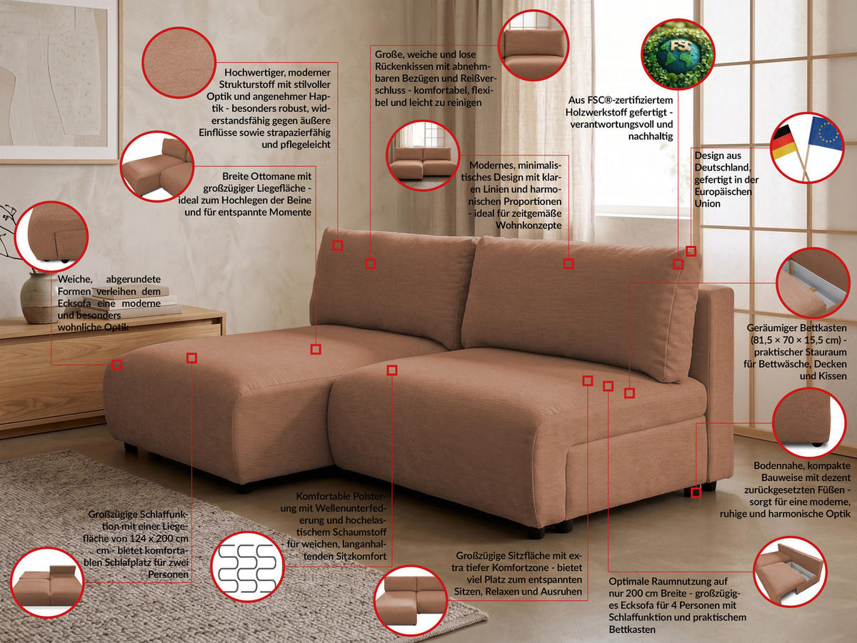 ECKSOFA Sora mit Schlaffunktion, Bettkasten und extra tiefer Komfortzone aus hochwertigem Terrakotta Strukturstoff - Terracotta/Schwarz, Holz/Kunststoff (140/200cm) - S-Style
