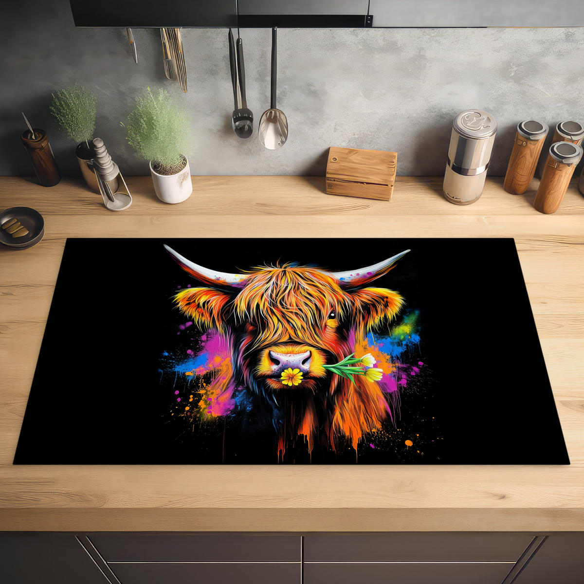 HERDABDECKPLATTE Schottischer Highlander - Graffiti - Bunt - Blume - Tiere Ceranfeldabdeckung 90x52 cm - Multicolor, Kunststoff (90/52/0.2cm) - MuchoWow