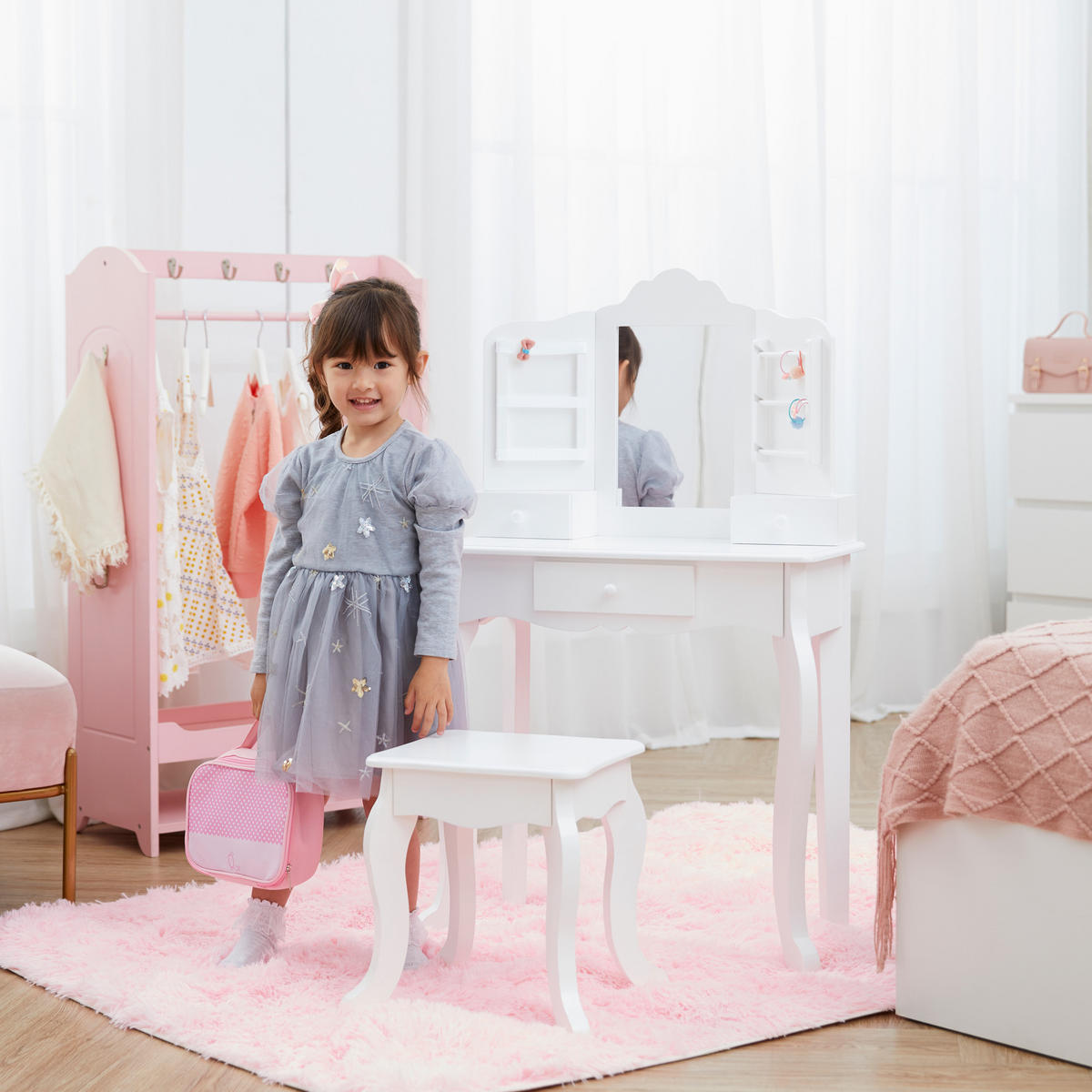 KINDER-SCHMINKTISCH mit Spiegel und Hocker Frisiertisch, Weiß, 100cm - Weiß, Holzwerkstoff (30/62cm) - Teamson Kids