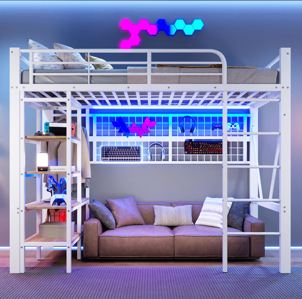 HOCHBETT 90/200 cm, Weiß mit LED-Lichtleiste und Ablagefach - Weiß, Metall (90/200cm) - MIVRAY