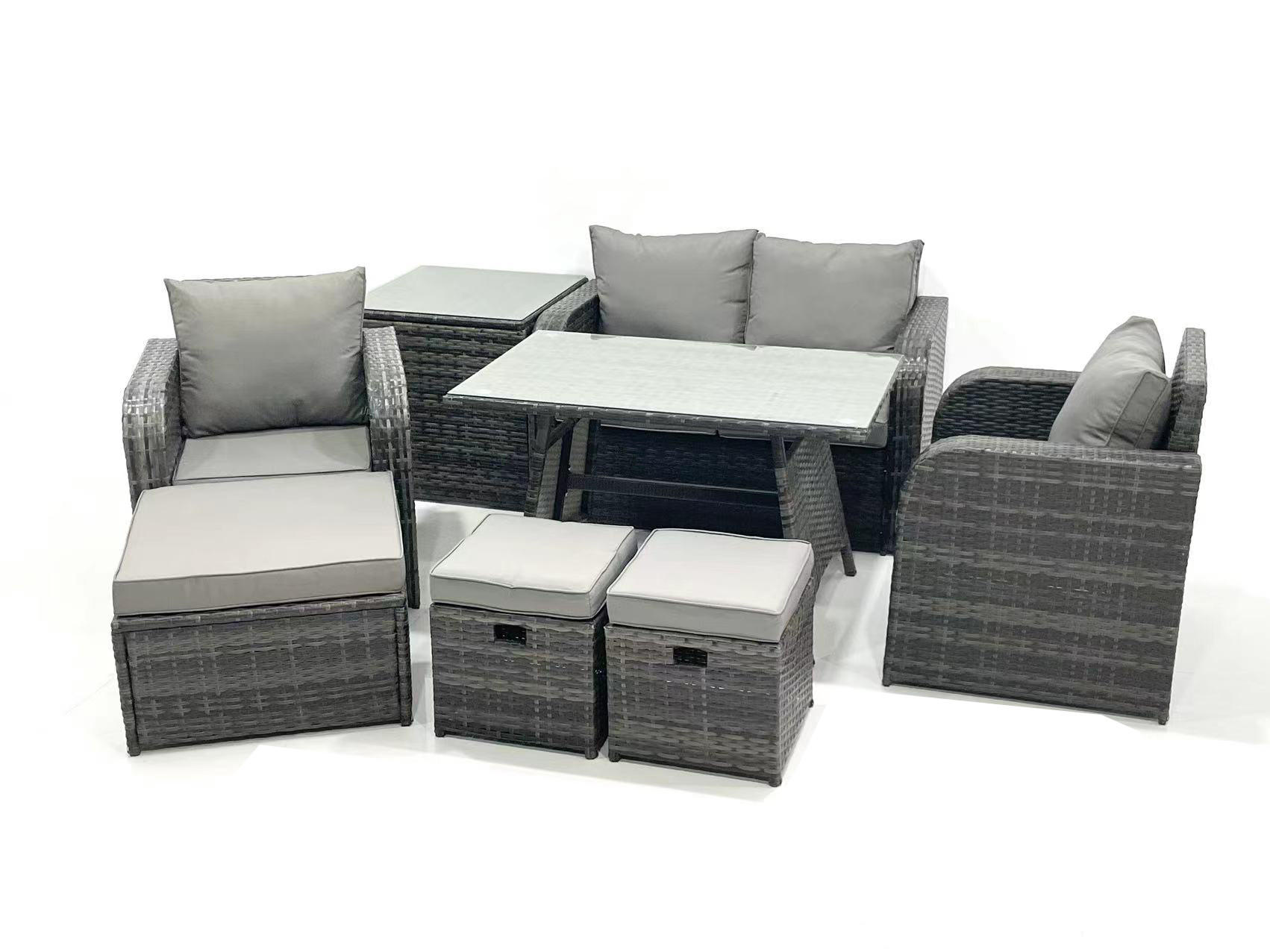 GARTENMÖBEL SET mit COUCHTISCH Polyrattan Dunkelgrau 8-Sitzer - Dunkelgrau/Grau, Glas/Kunststoff - Fimous