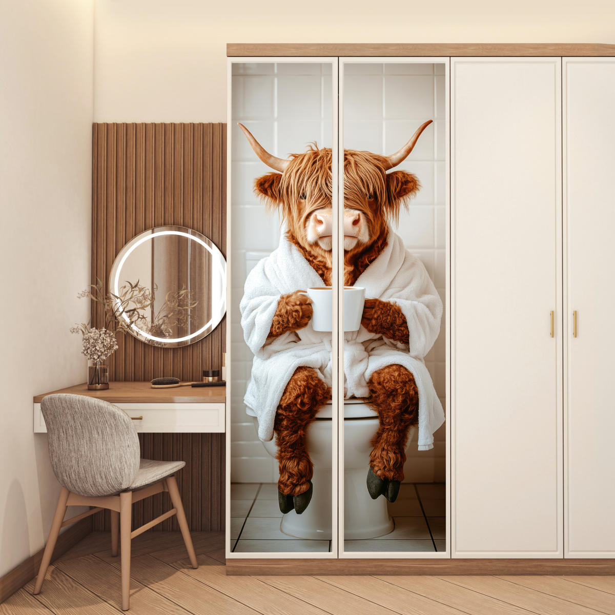 TÜRAUFKLEBER Selbstklebend - Schottisches Hochlandrind - WC - Bademantel - Modern - Tiere 95x235 cm - Türtapete - Kastanienfarben, Kunststoff (95/0.1cm) - MuchoWow