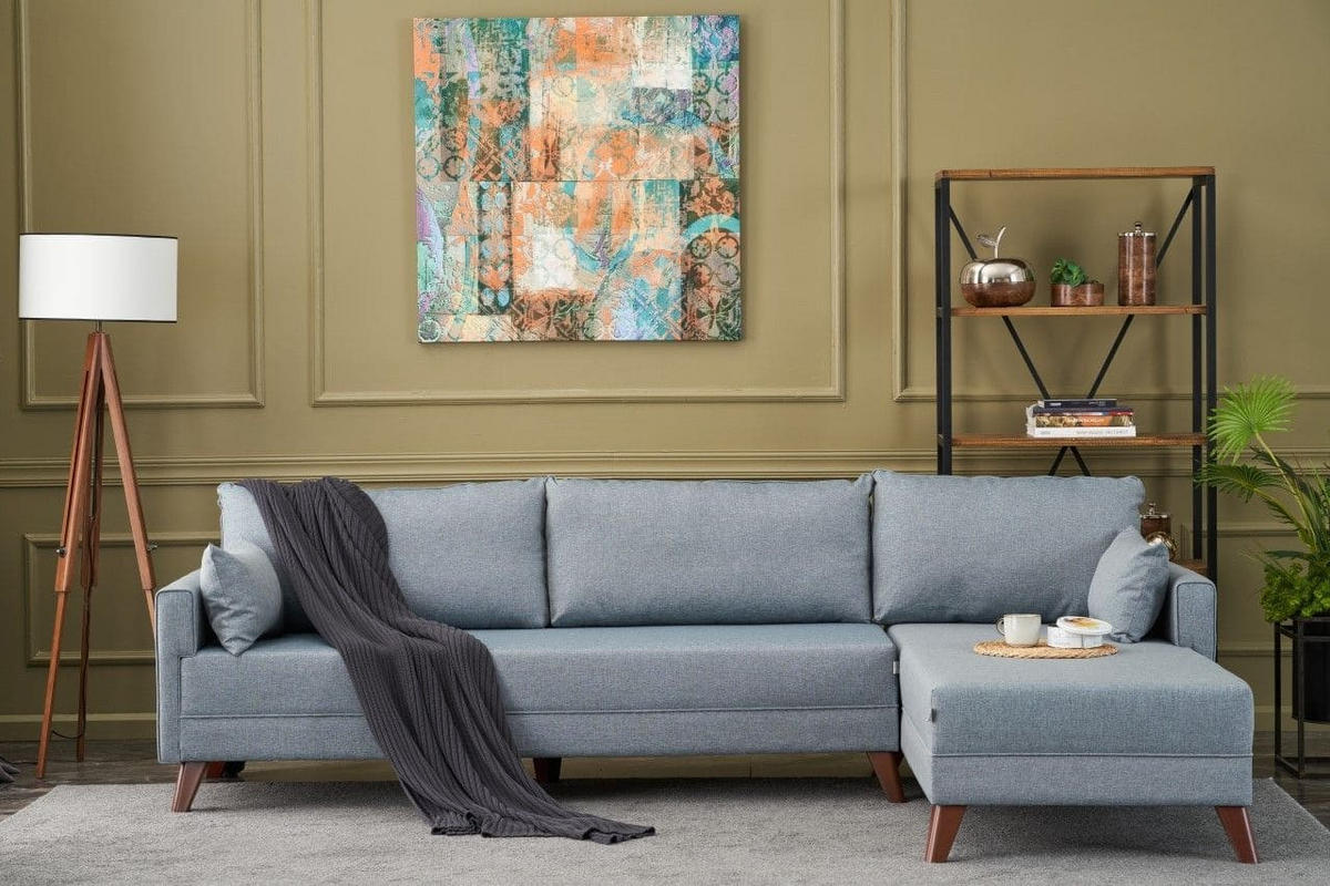ECKSOFA mit losen Rückenkissen und Schlaffläche - Blau/Walnussfarben, Holz/Kunststoff (165/275cm) - myHomelando