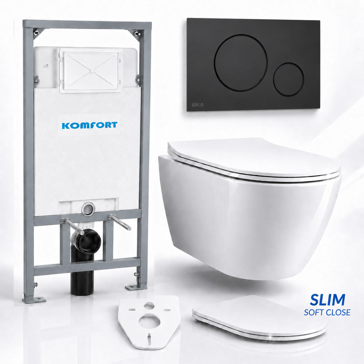 WC-SET ROLO Weiß, Slim-Sitz, Vorwandelement und Betätigungsplatte M678 Schwarz THIN - Weiß, Keramik (53/119.5/48.5cm) - bad land