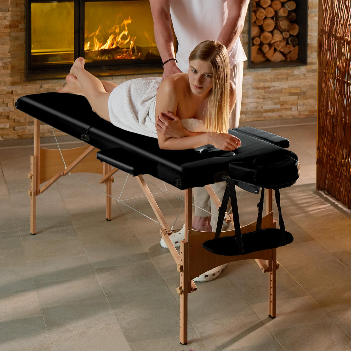 MASSAGELIEGE 2 Zonen Freddi,210 x 95 x 84 cm,schwarz - Schwarz, Holz (95/84/210cm) - tectake